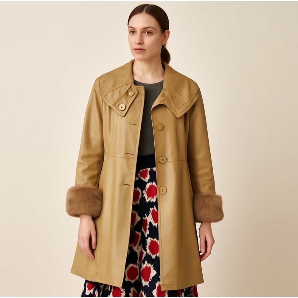 Denny Italy Women Tan Leather Coat Fur Trim Cuffs Oversized Collar Size L